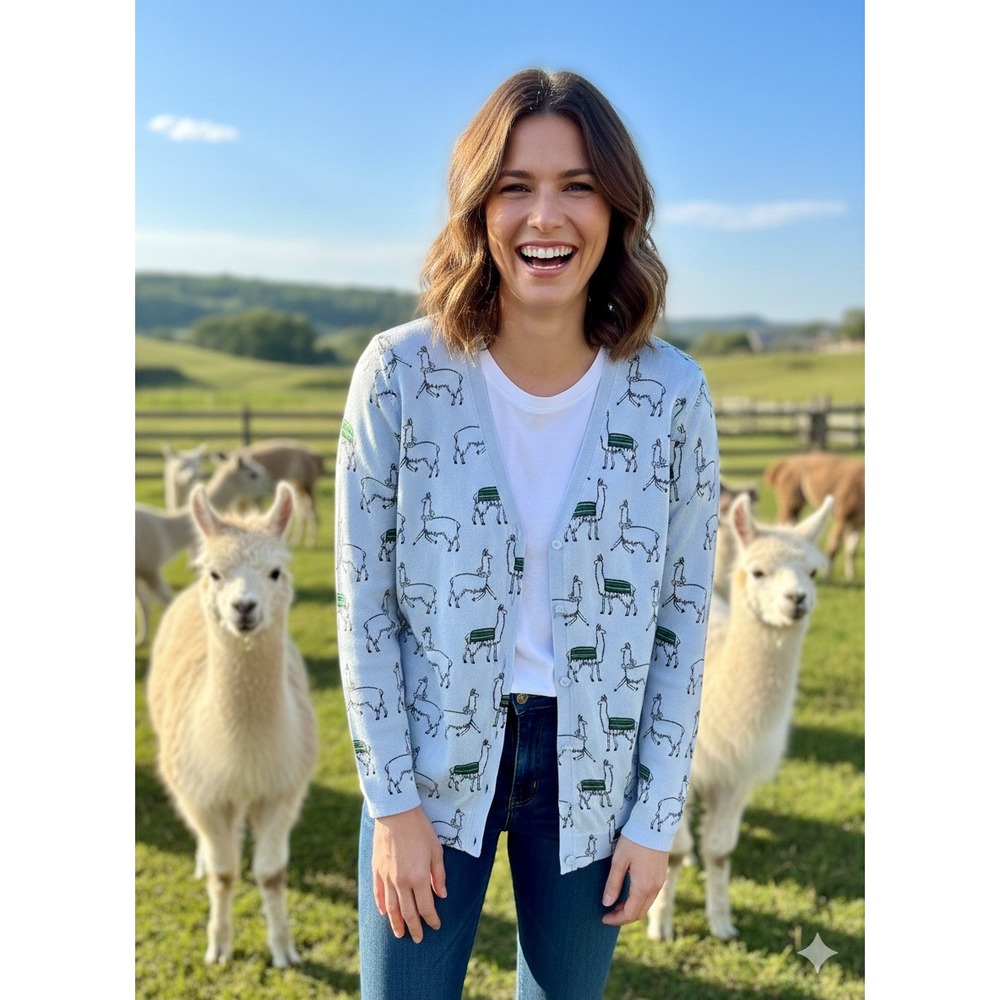 Ann Taylor Factory M Light Blue Llama Novelty Print Cotton Cardigan Sweater Med